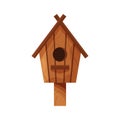 Wooden handmade bird house isolated on white background. Cartoon homemade nesting box with a pole, ecology birdbox for Royalty Free Stock Photo