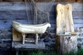 Wooden handmade chair, cradle and fishing net at the log house wall background. Vintage retro still life photo. Village house exte