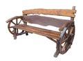 Wooden handmade garden bench with cart wheel decoration isolated Royalty Free Stock Photo