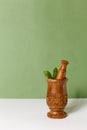 Wooden handmade mortar with pestle. Green pastel background with Bay leaves and stupa. Ingredients for the dish