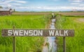 Wooden handmade sign in summer forest, park in Canada. Swenson Walk Park in British Columbia