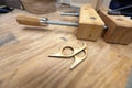 Wooden handscrew clamp on workbench