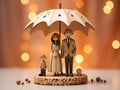 wooden happy family under umbrella, blurred background with magic lights, relationships and love, protection for family, insurance