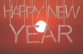 Wooden Happy new year text hanging in the ropes on sky background of sunset.