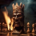 Wooden head of warrior king on a chess piece. Wooden chessboard with a prominent king\'s head.