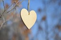 Wooden heart on branch of tree in daytime