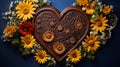 A wooden heart carved with intricate patterns, nestled amidst a bed of daisies and sunflowers