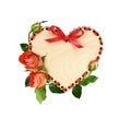 Wooden heart with red ribbon decoration and rose flowers and leaves isolated on white Royalty Free Stock Photo