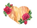 Wooden heart with red roses flowers. Watercolor hand painted love symbol for Valentine day with texture of wood and Royalty Free Stock Photo