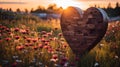 A wooden heart sculpture surrounded by a field of wildflowers,