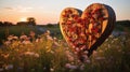 A wooden heart sculpture surrounded by a field of wildflowers,