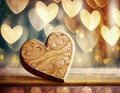 Wooden heart shaped box with copy space with a bokeh background of hearts Valentines Day concept