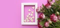 Wooden Hearts And Roses On A Pink Background With Copy Space For Text. Banner For Valentine\'s Day