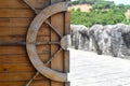 Wooden helm decoration on a gate door