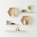 Wooden Hexagon shelf little tree, books and toys copy space, mock up Royalty Free Stock Photo