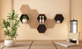 IntWooden Hexagon shelf and wooden hexagon tiles design on japan ryokan design tatami mat and wooden wall with decoration japanese Royalty Free Stock Photo