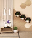 IntWooden Hexagon shelf and wooden hexagon tiles design on japan ryokan design tatami mat and wooden wall with decoration japanese Royalty Free Stock Photo