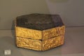 Wooden hexagonal pyxis decorated with repousse gold plates in Athens museum of Arheology.