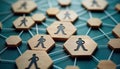Wooden hexagonal shapes interconnected with lines represent employees. Network structure shows connections between people, Royalty Free Stock Photo