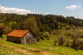 Wooden highland house on the edge of the forest in the high mountains