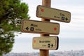 Wooden hiking trail signpost with multiple directions.