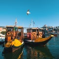 Wooden historic boats at Douro river, in area Ribeira.