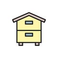 Wooden hive, beehive, apiary, beekeeping flat color line icon.