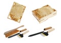 Wooden hive frames with honeycombs and different beekeeping tools on white background, collage Royalty Free Stock Photo