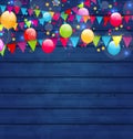 Wooden holiday background with multicolored balloons and hangin Royalty Free Stock Photo