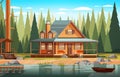 wooden holiday house near lake in forest cottage among trees suburban real estate concept horizontal