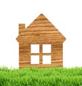 Wooden home icon on green grass, isolated on white Royalty Free Stock Photo