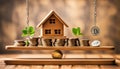 Wooden home and money coins stack on wood scale. Property investment and house mortgage financial real estate concept