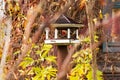 Wooden homemade small log bird feeder house with large windows for feeding birds on a tree close up Royalty Free Stock Photo