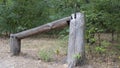 Wooden homemade sports equipment in the forest.