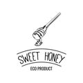 Wooden honey dipper, sketch style vector illustration isolated on white background. Sweet honey label, badge.