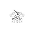 Wooden honey dipper, sketch style vector illustration on white background. Sweet honey label, badge.