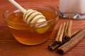 Wooden honey stick and cinnamon sticks.