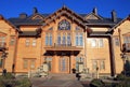 Wooden Honka house in Mezhyhirya, Kyiv region, Ukraine.