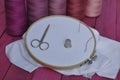 Wooden hoop with the fabric for sewing and embroidery Royalty Free Stock Photo