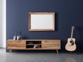 Wooden horizontal Frame poster Mockup hanging on dark blue wall