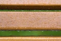Wooden horizontal planks, boards, garden park bench back with transparent rain water drops on background of green fresh grass. Royalty Free Stock Photo