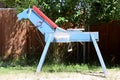 Little handmade wooden horse standing in the animal farm waiting for children Royalty Free Stock Photo