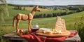 A wooden horse figurine next to a plate of cheese. AI generative image