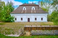 The wooden horse trough in front of the old mansion, Mamajeva Sloboda Cossack Village, Kyiv, Ukraine