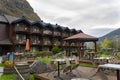 Wooden Hotel in beautiful Flam village in the Flamsdalen valley Royalty Free Stock Photo