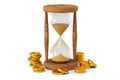 Wooden hourglass and coins 3D render