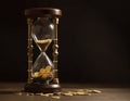 Wooden hourglass with coins, time value concept Royalty Free Stock Photo