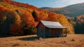 Wooden house in the autumn forest. Beautiful landscape with old wooden house in the mountains. Royalty Free Stock Photo