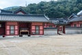 Wooden house with black tiles of Hwaseong Haenggung Palace loocated in Suwon South Korea, the largest one of where the king and Royalty Free Stock Photo