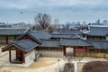 Wooden house and black tiles of Hwaseong Haenggung Palace in Suwon, Korea, the largest one of where the king Jeongjo and royal
